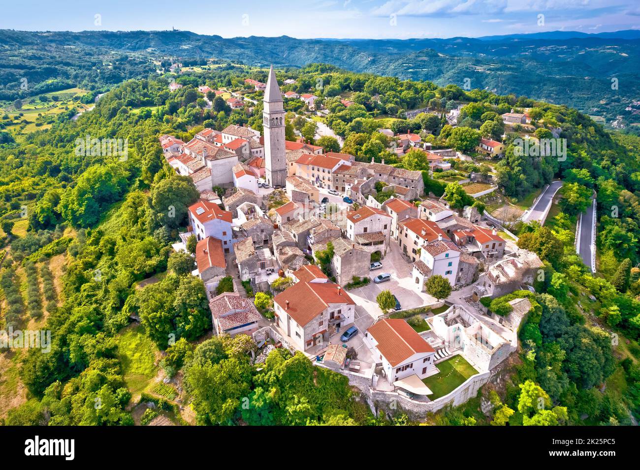 Town of Pican on picturesque hill aerial view Stock Photo