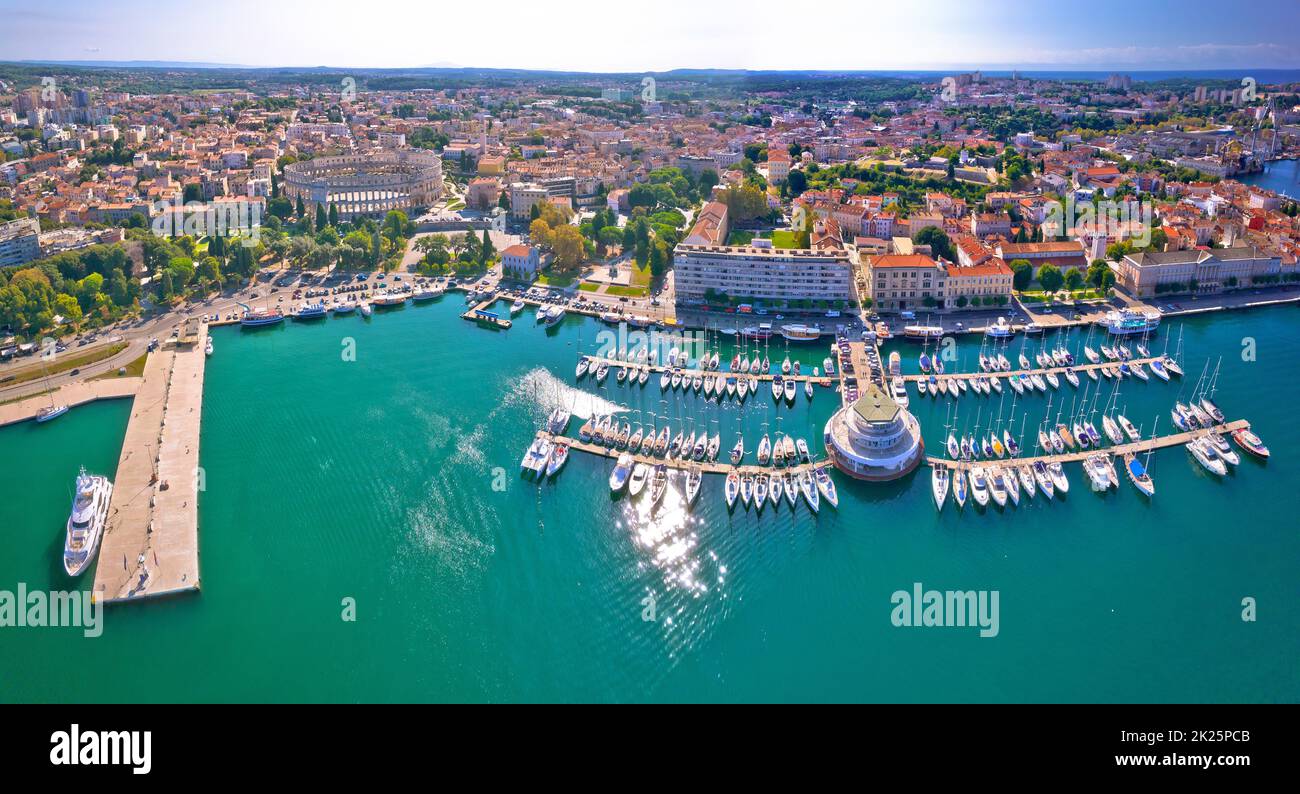 Historic town of Pula waterfront aerial panoramic view Stock Photo