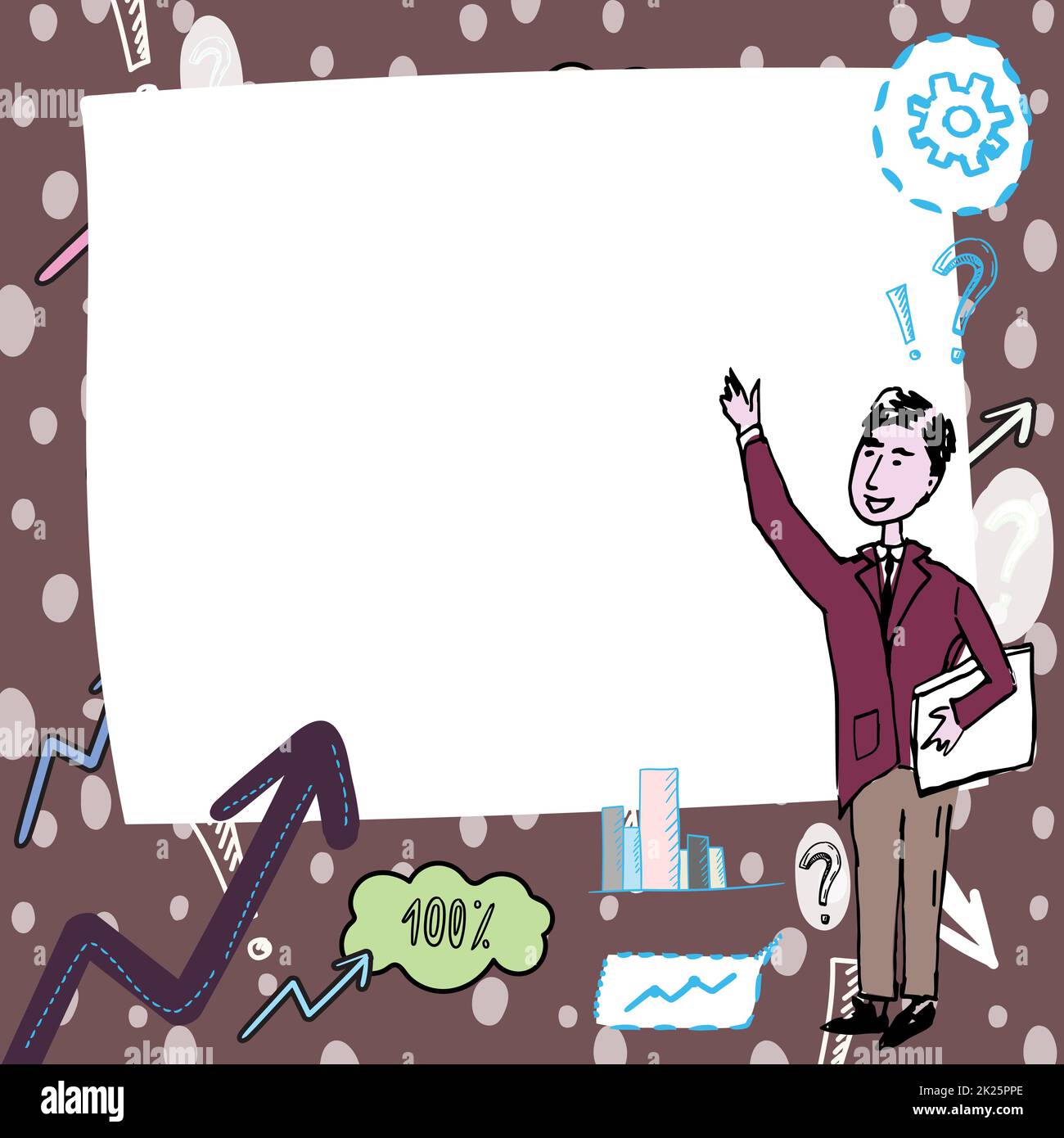 Gentleman Drawing Standing Pointing Finger In Blank Whiteboard. Man