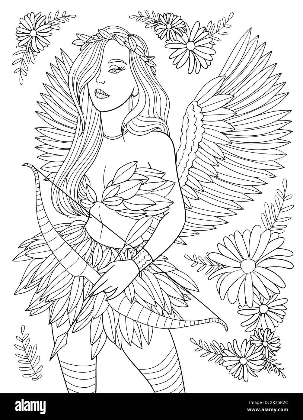 Lady Warrior With Wings Holding Arrows And Bow Line Drawing Coloring Book With Flowers Surrounding. Stock Photo
