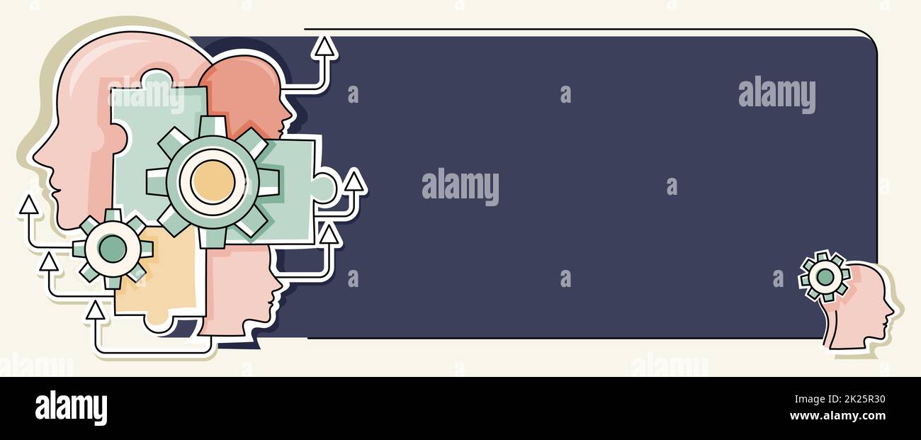 Multiple Heads With Cogs Showing Technology Ideas. Gears In Brain Symbols Design Displaying Mechanical And Technical Idea. Stock Photo