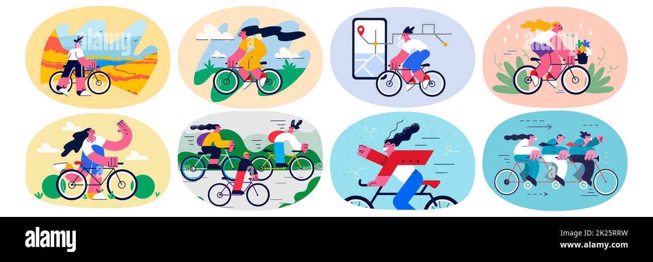 Set of diverse people riding bikes on weekend Stock Photo