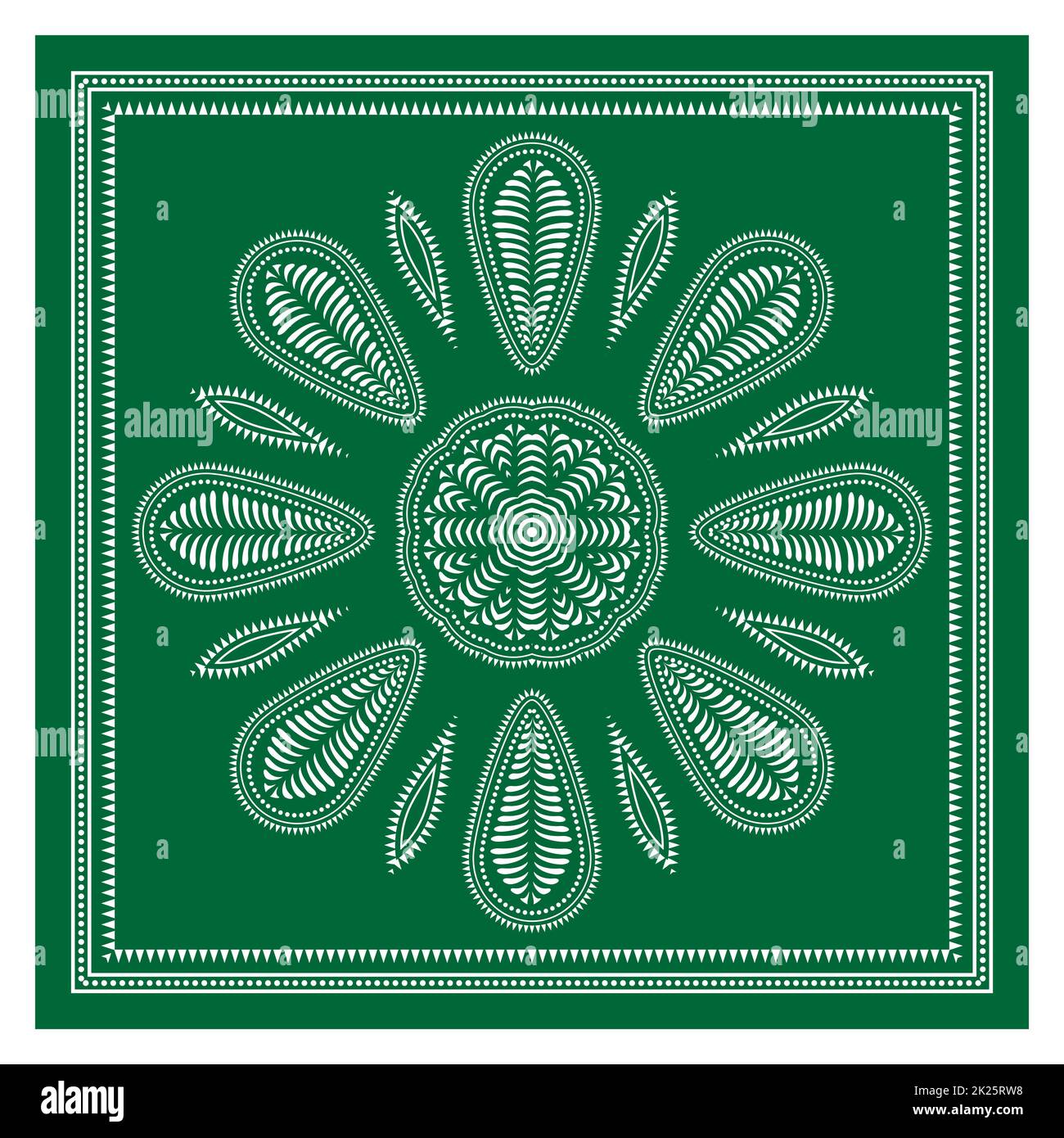 Green Bandana Shawl, Tablecloth Fabric Print, Silk Neck Scarf, Kerchief Design, Ornament Paisley, Square Pattern. Stock Photo