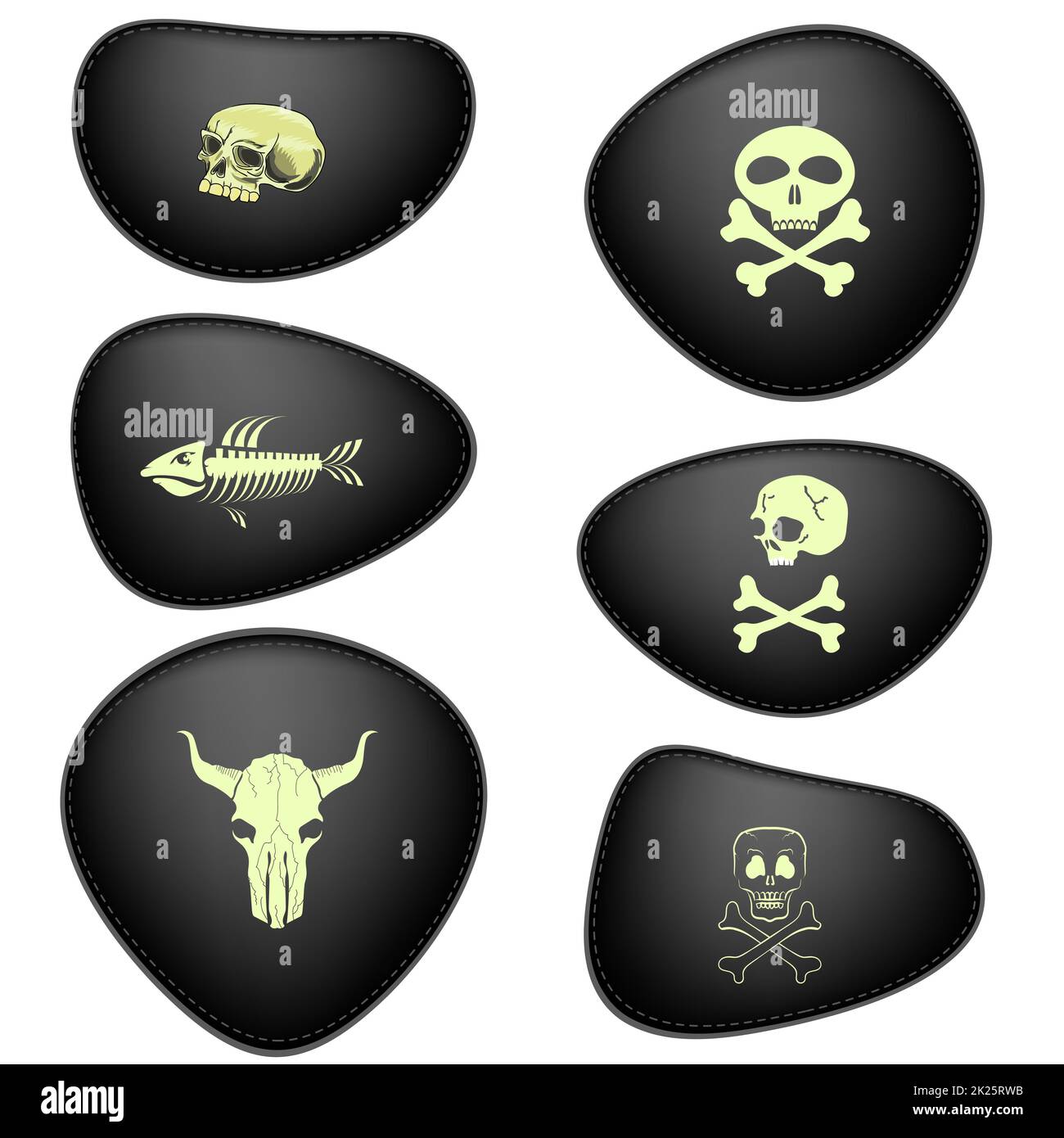 Black Leather Piracy Patches Set Isolated on White Background. Eyepatch for one Eyed Pirate Stock Photo