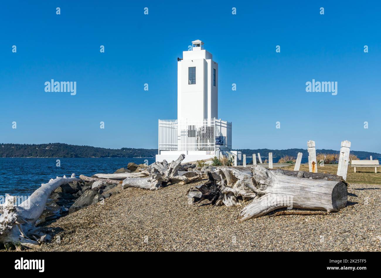 The lighthouse near the water at Brown's Point, Washington. Stock Photo
