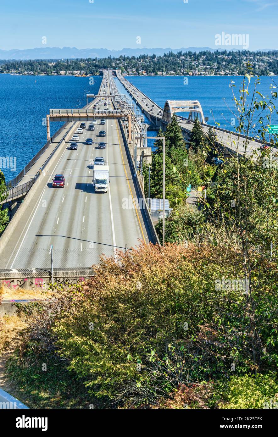 A view from above Interstate Hightway bridges in Seattle, Washington. Stock Photo