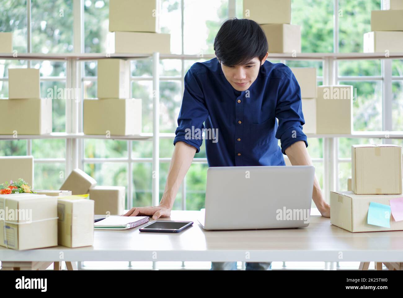 Young entrepreneur checking products stock at home office. Work from home concept. Stock Photo
