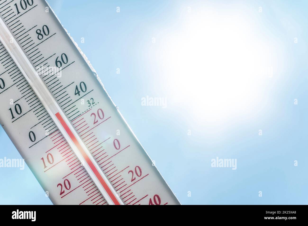 The thermometer lies on the snow in winter showing a negative temperature.Meteorological conditions in a harsh climate in winter with low air and ambient temperatures.Freeze in wintertime.Sunny winter Stock Photo