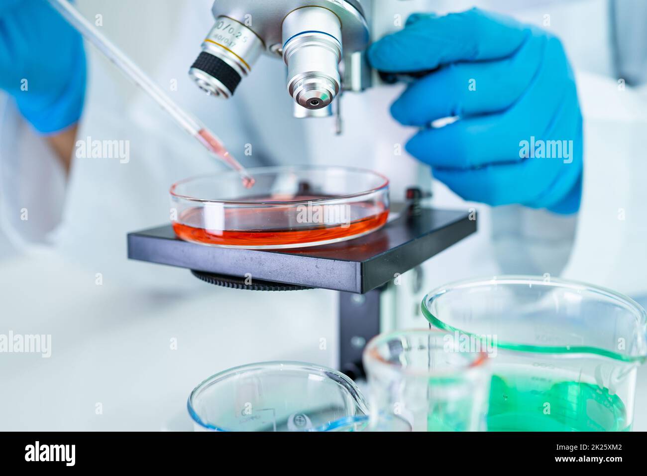 Asian scientist biochemist or microbiologist working research with a microscope in laboratory. For protect outbreak Coronavirus Covid19, bacteria and germs. Stock Photo