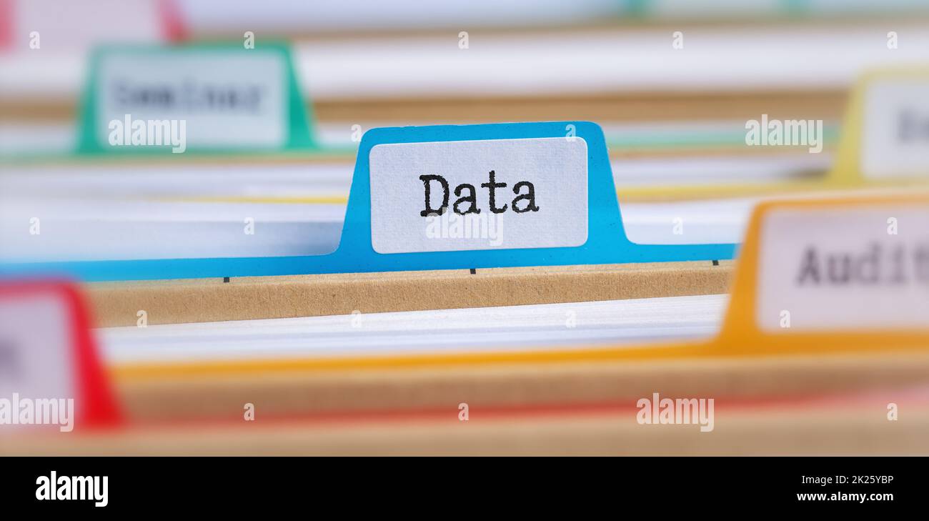 File folders with a tab labeled Data Stock Photo