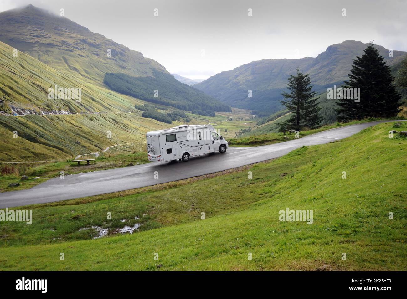 MOTORHOME PARKED AT THE REST AND BE THANKFUL VIEWPOINT OFF THE A83 IN THE WEST OF SCOTLAND UK Stock Photo