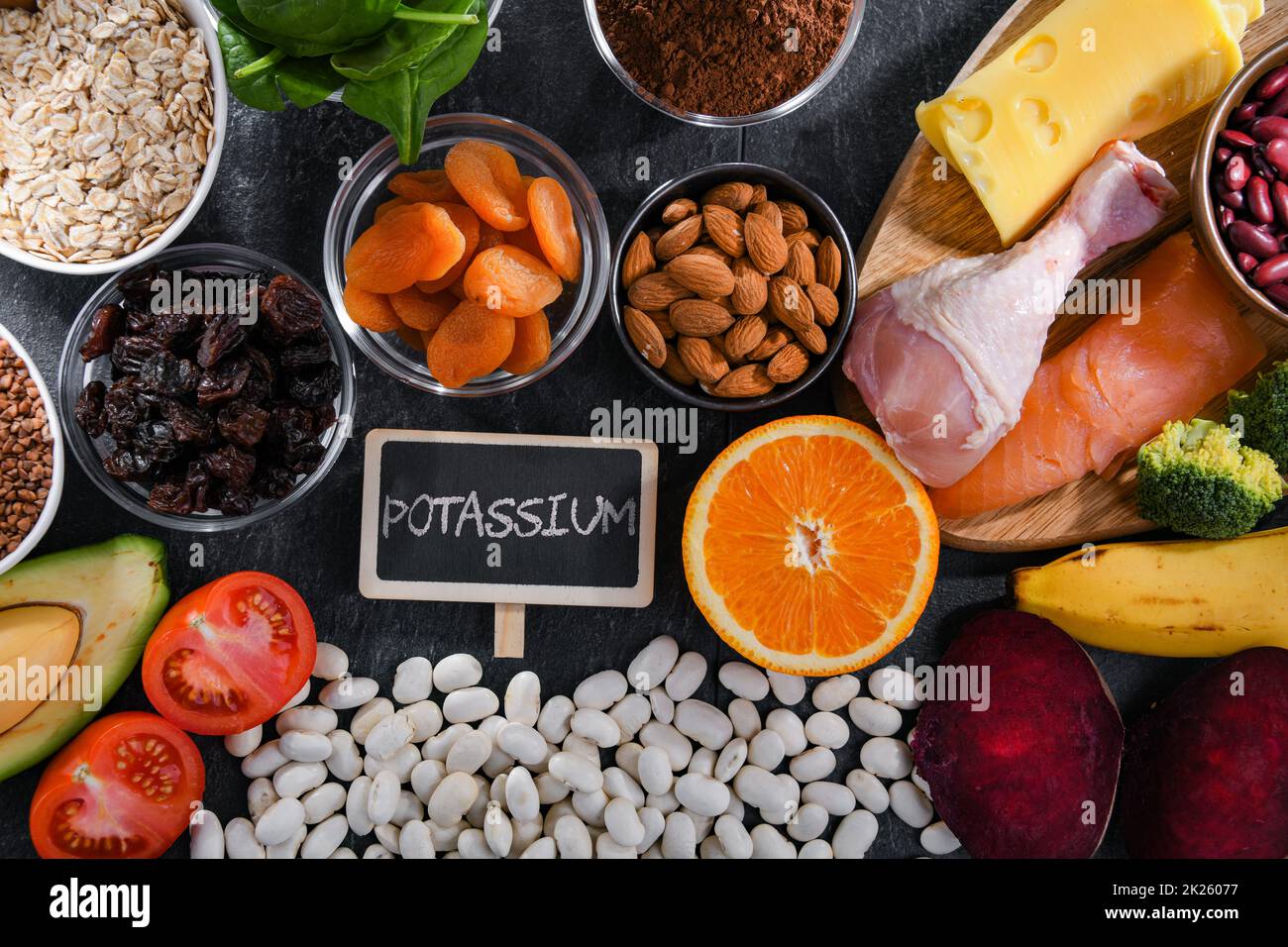 Potassium Magazine Composition with food products rich in potassium Stock Photo - Alamy
