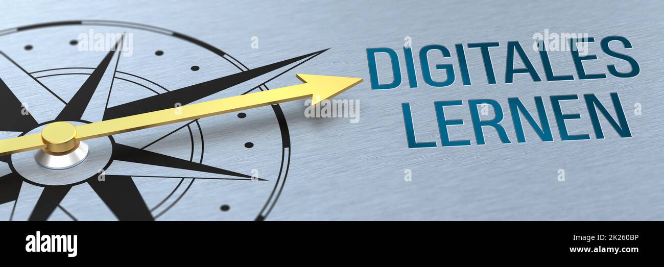 Compass needle pointing to the words Digital learning in german - Digitales lernen - 3d rendering Stock Photo