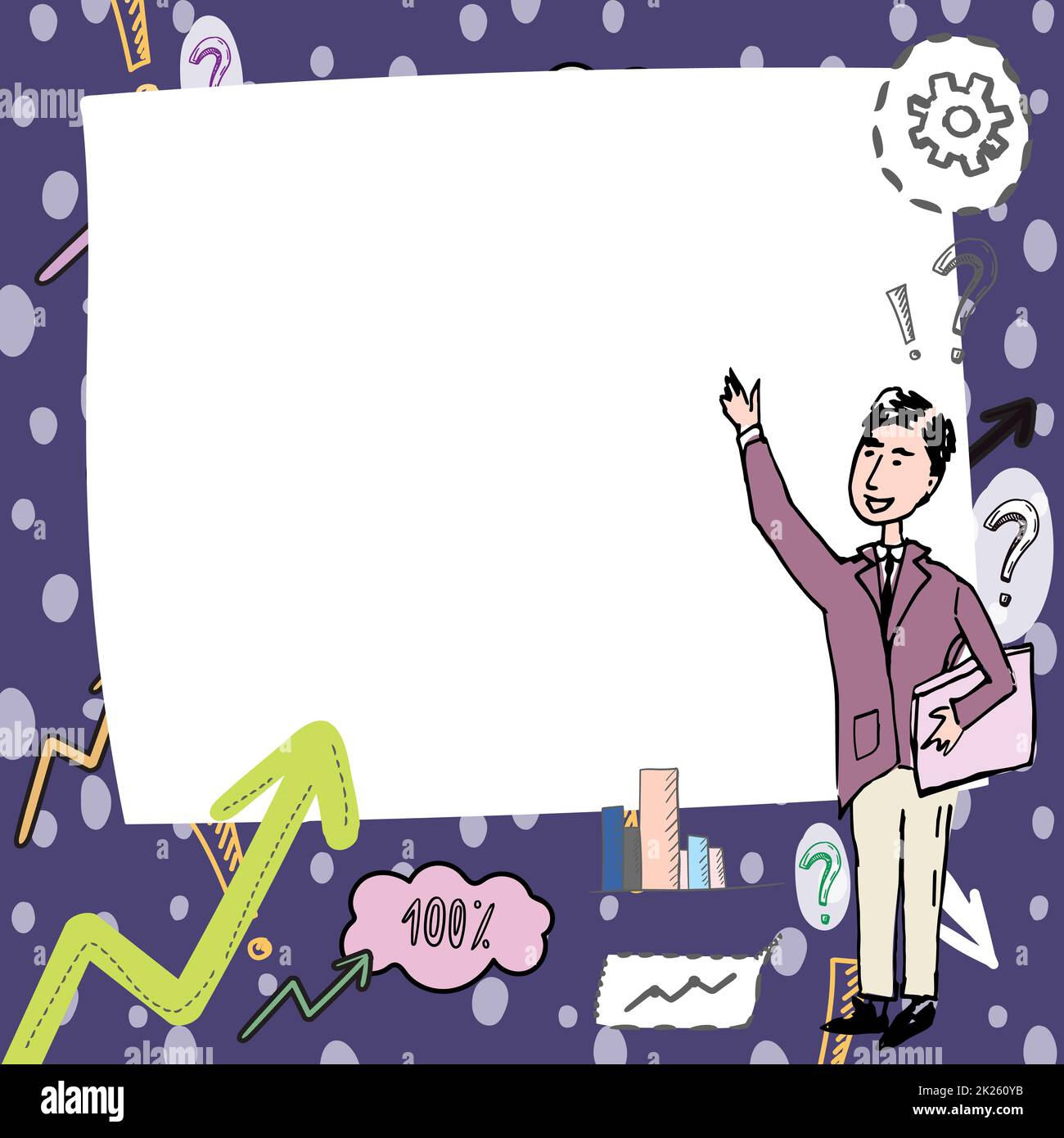 Gentleman Drawing Standing Pointing Finger In Blank Whiteboard. Man