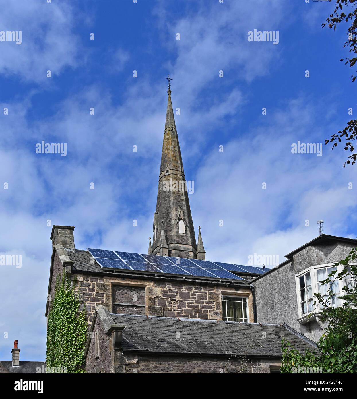 Solar panels on roof of house. Lanark, Lanarkshire, Scotland, United Kingdom, Europe. Stock Photo