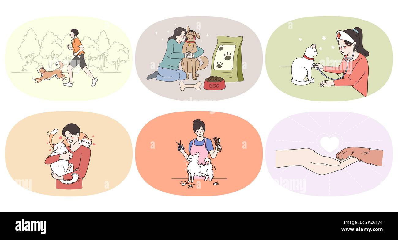 Set of pet owners take care of domestic animals Stock Photo Alamy