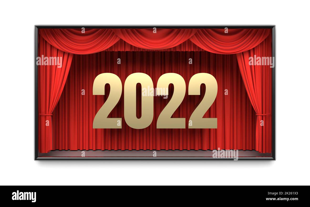 Red stage curtains on home cinema revealing year 2022 number Stock Photo