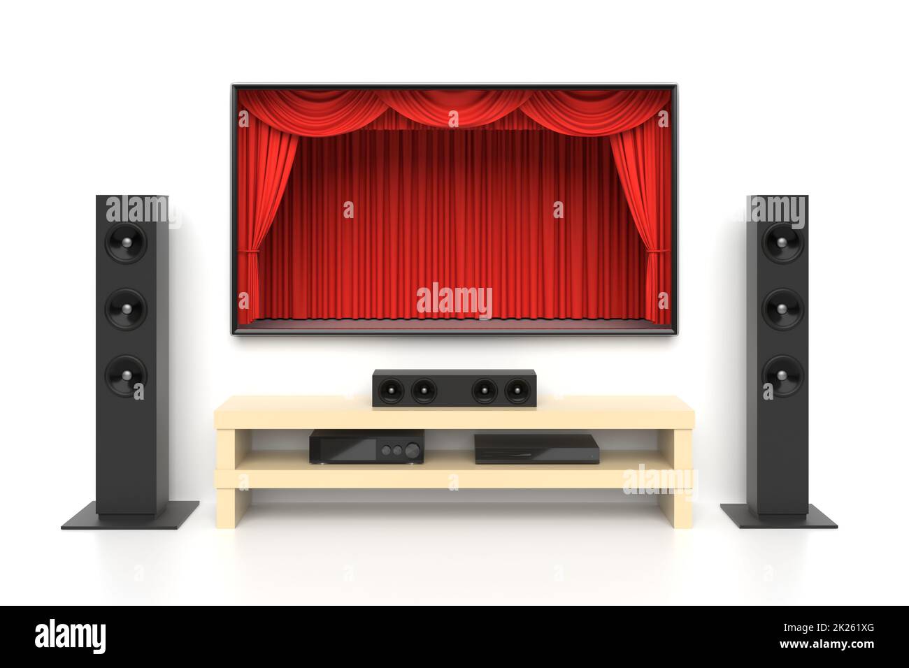 Home cinema set with red curtains 3D illustration Stock Photo