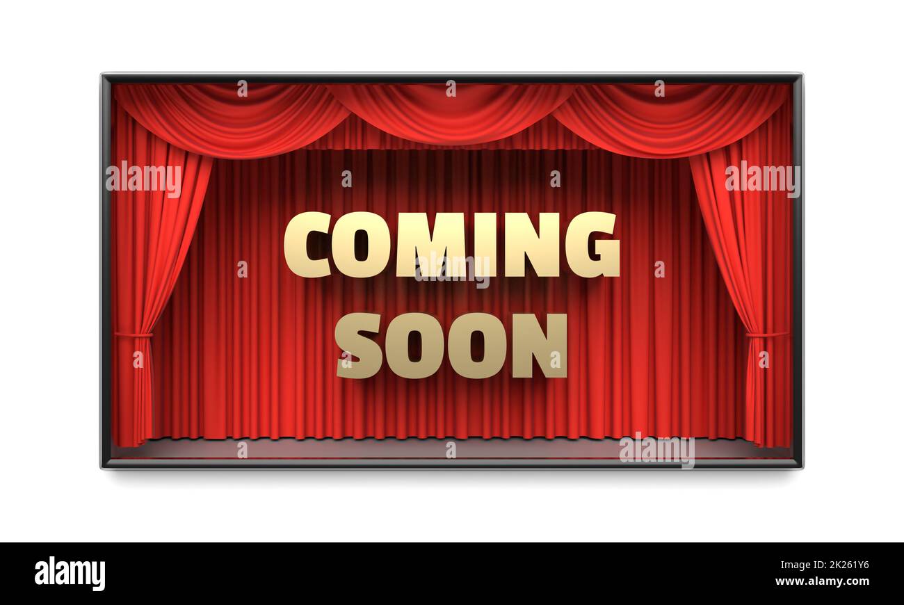 Coming Soon poster with red stage curtains 3D illustration Stock Photo