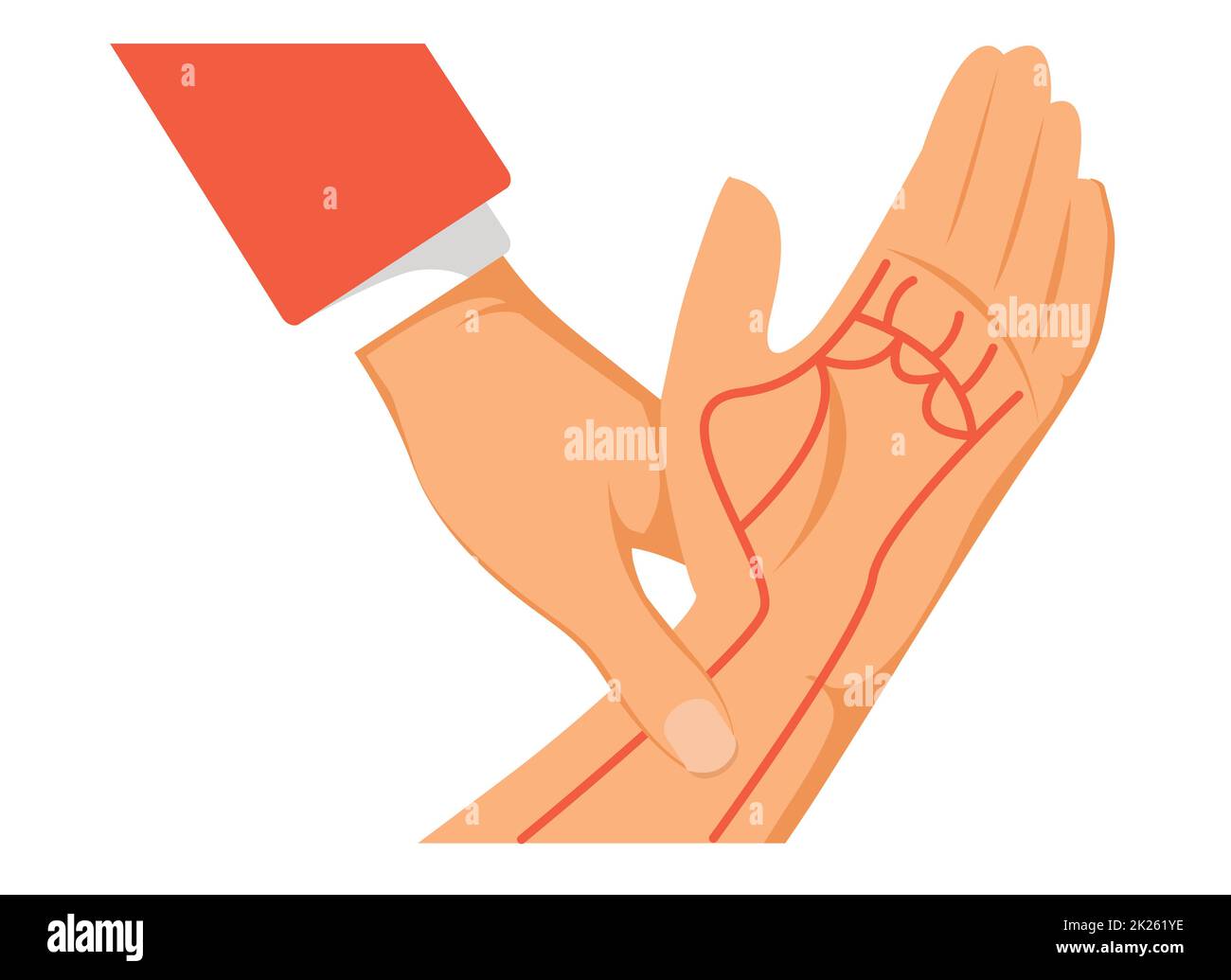 measurement of pulse. Finger on hand vein, Healthcare concept. First aid. Stock Photo