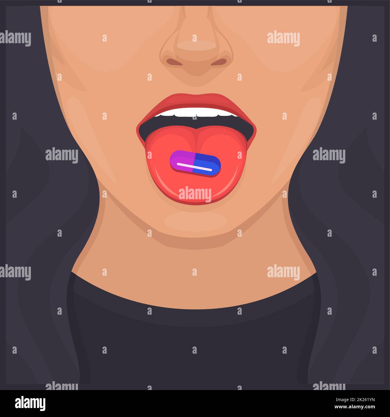 mouth with pill on tongue, vector illustration Stock Photo