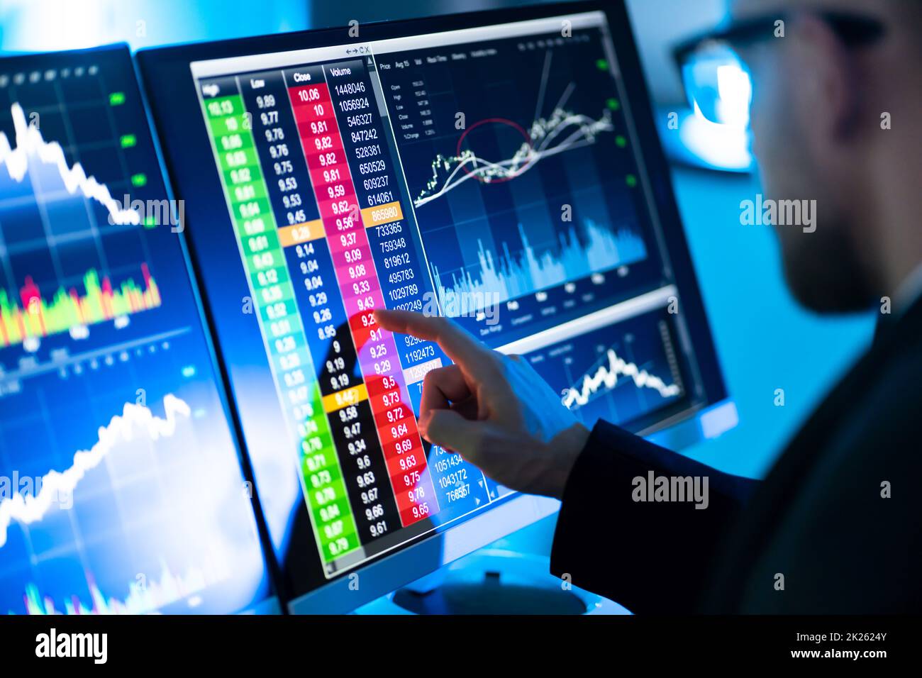 Stock Trader Man Using Multiple Computers Stock Photo