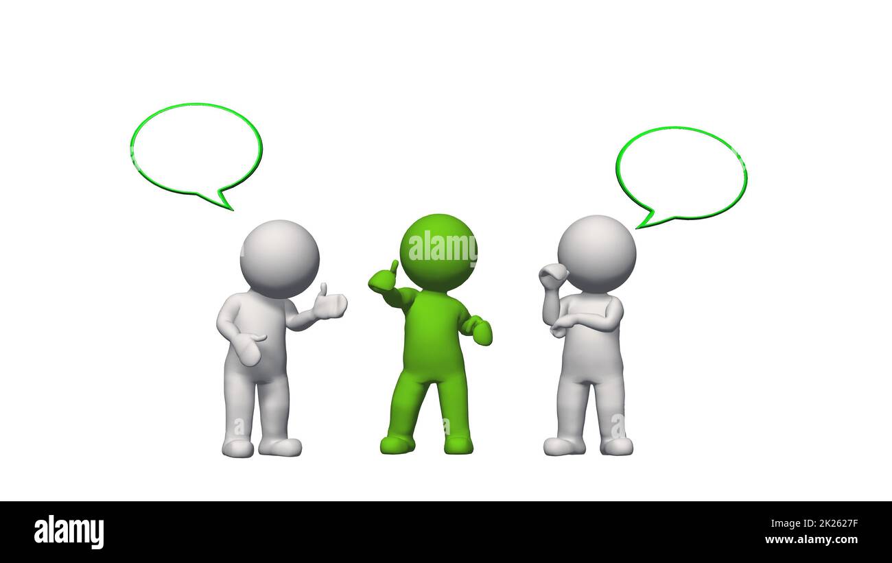 Small 3D people in discussion with speech bubbles Stock Photo