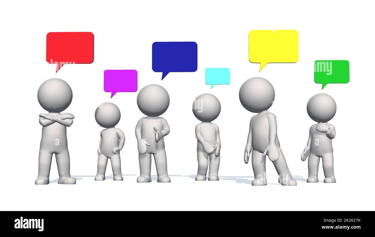 Small 3D people with colored speech bubbles Stock Photo