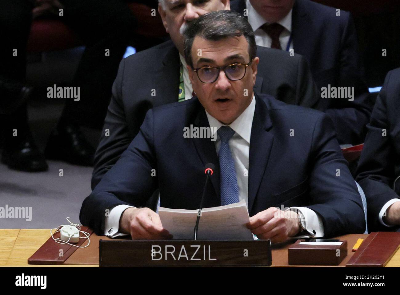 Brazil's Minister of Foreign Affairs Carlos Alberto Franco speaks during a high level meeting of the United Nations Security Council on the situation amid Russia's invasion of Ukraine, at the 77th Session of the United Nations General Assembly at U.N. Headquarters in New York City, U.S., September 22, 2022. REUTERS/Brendan McDermid Stock Photo