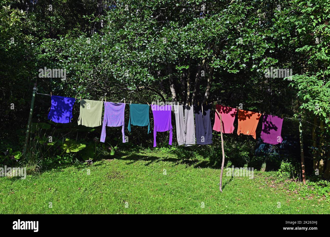 Clothing on domestic washing line. Bonnington, Lanarkshire, Scotland, United Kingdom, Europe. Stock Photo
