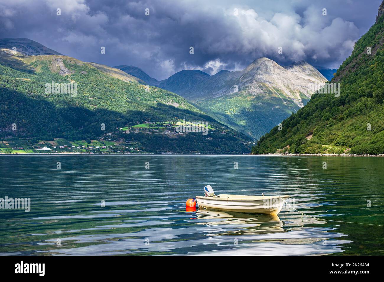 Landscape with boat on the Storfjord in Norway Stock Photo