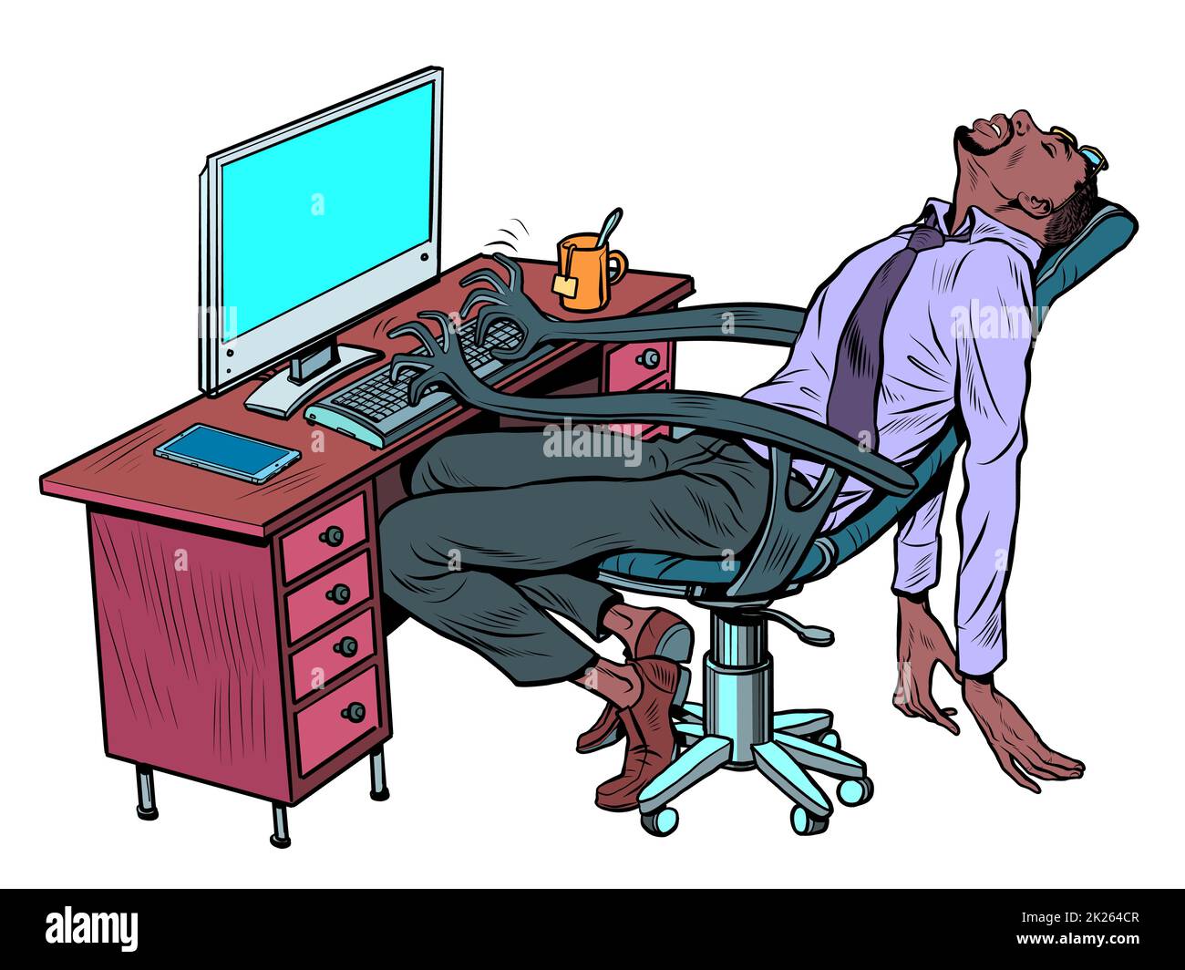 african manager sleeps at the workplace in the office. A robotic work chair works for a person Stock Photo