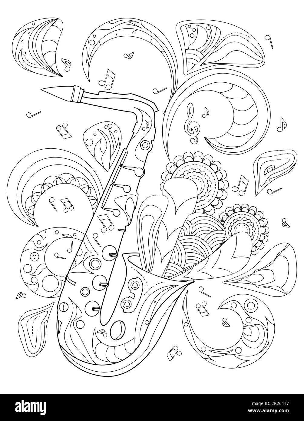 Sax Instrument Line Drawing Playing Music With Flowers Coming Out From It Coloring Book Stock Photo