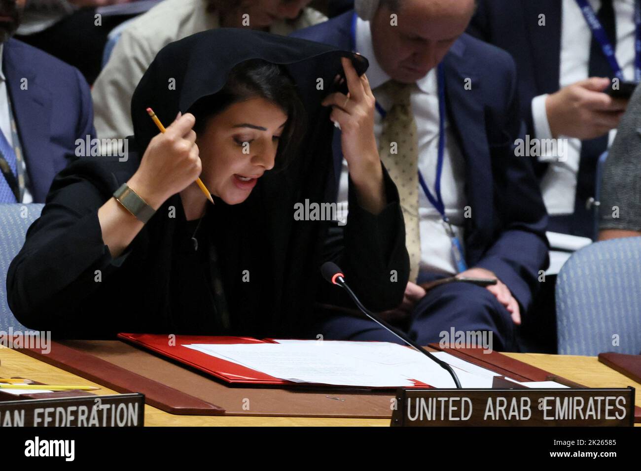 Reem Ibrahim Al Hashimy, UAE Minister of State for International Cooperation speaks during a high level meeting of the United Nations Security Council on the situation amid Russia's invasion of Ukraine, at the 77th Session of the United Nations General Assembly at U.N. Headquarters in New York City, U.S., September 22, 2022. REUTERS/Brendan McDermid Stock Photo