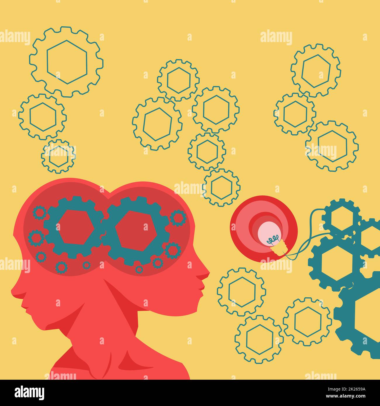 Two Heads With Cogs Showing Technology Ideas. Gears In Brain Symbols Design Displaying Mechanical And Technical Idea. Stock Photo