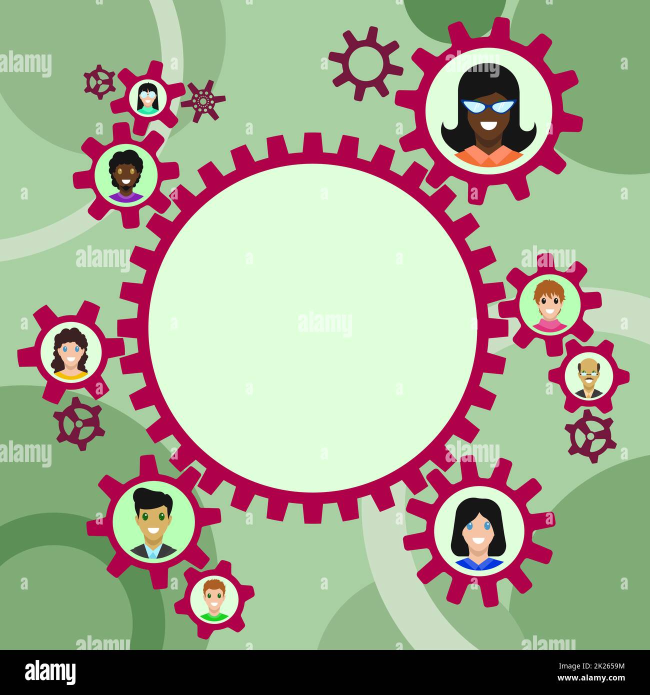 Colleagues Presented Inside Cogwheels Showing Definition Of Teamwork. Coworkers Faces Shown Gear Transmission Presenting Unity Relation. Stock Photo