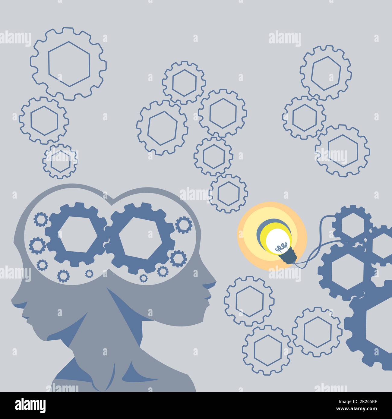 Two Heads With Cogs Showing Technology Ideas. Gears In Brain Symbols Design Displaying Mechanical And Technical Idea. Stock Photo
