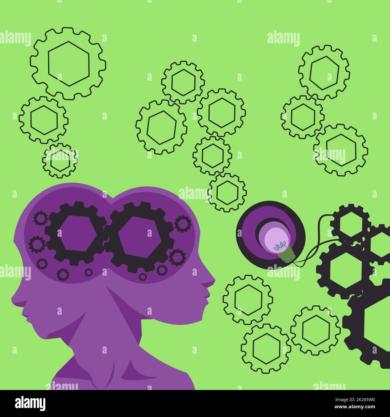Two Heads With Cogs Showing Technology Ideas. Gears In Brain Symbols Design Displaying Mechanical And Technical Idea. Stock Photo