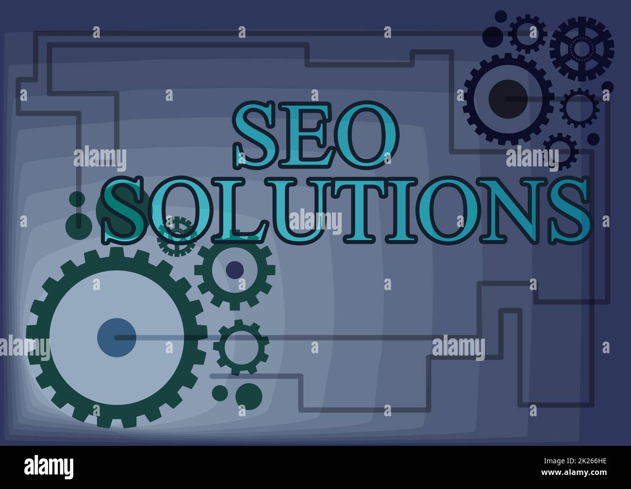 Conceptual caption Seo Solutions. Word for Search Engine Result Page Increase Visitors by Rankings Illustration Of Mechanic Gears Connected To Each Other Performing Work Stock Photo