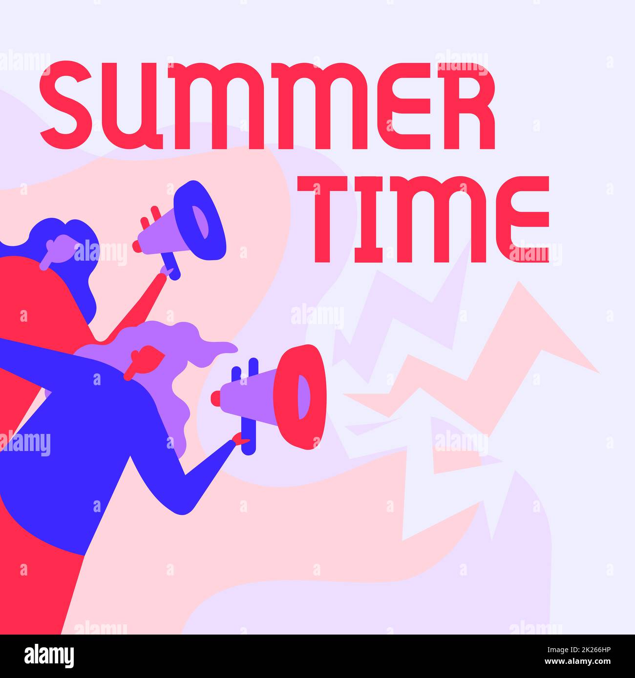 Hand writing sign Summer Time. Word for the hottest season of the year characterized by short nights Women Drawing Holding Megaphones Making Announcement To The Public. Stock Photo