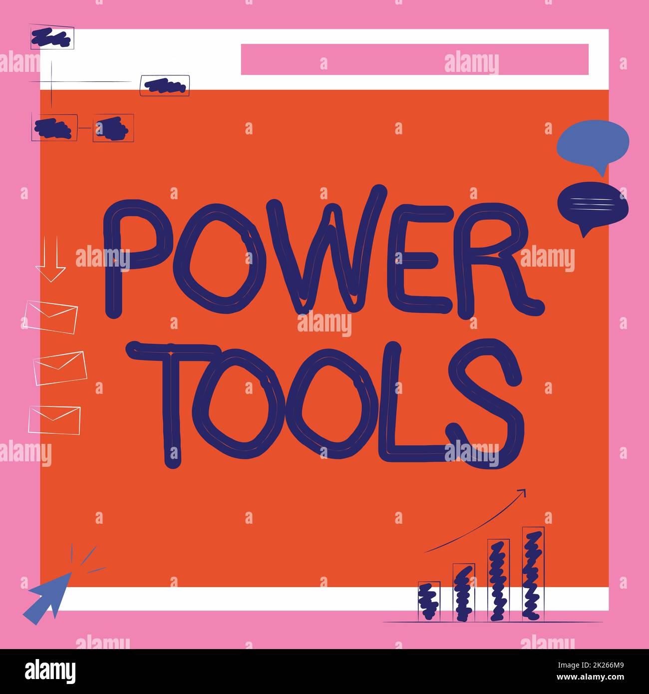 Conceptual caption Power Tools. Concept meaning tools powered by an electric motor mostly used for manual labor Illustration Of Board Receiving Messages And Searching Improvements. Stock Photo