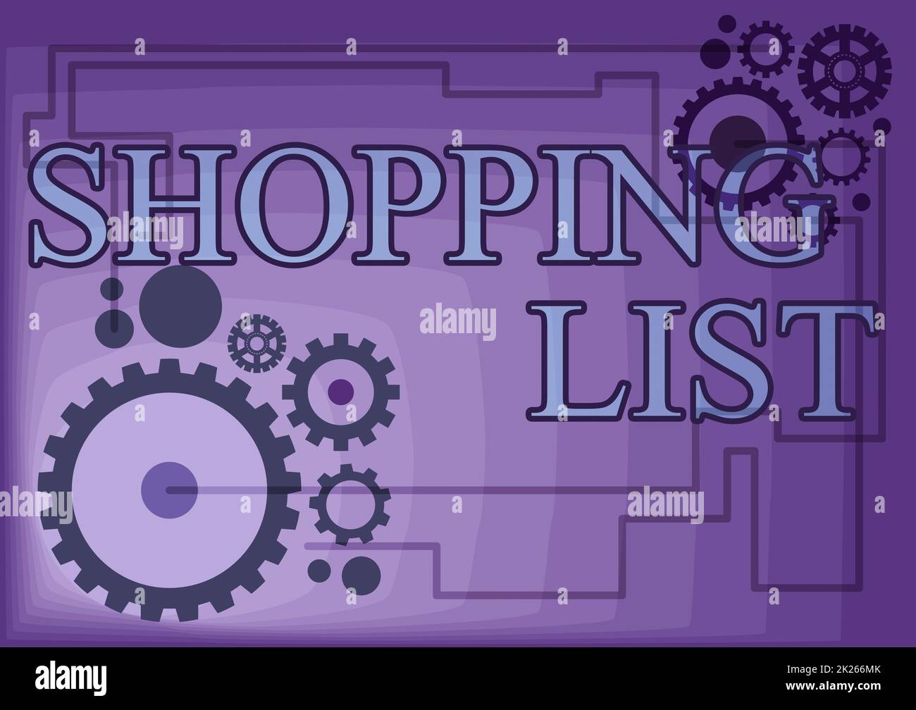 Conceptual display Shopping List. Concept meaning Discipline approach to shopping Basic Items to Buy Illustration Of Mechanic Gears Connected To Each Other Performing Work Stock Photo