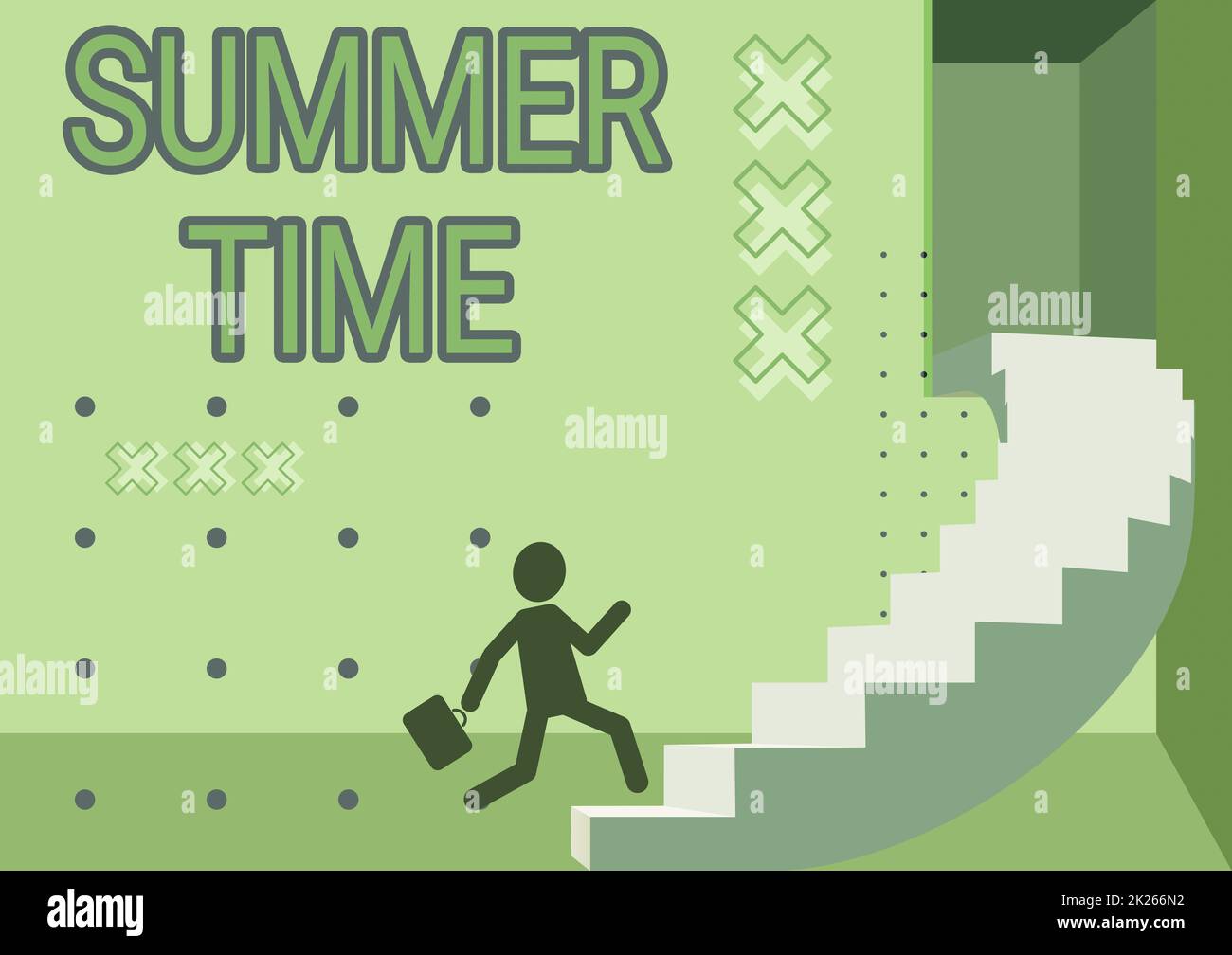 Sign displaying Summer Time. Conceptual photo the hottest season of the year characterized by short nights Gentleman In Suit Running Upwards On A Large Stair Steps Showing Progress. Stock Photo