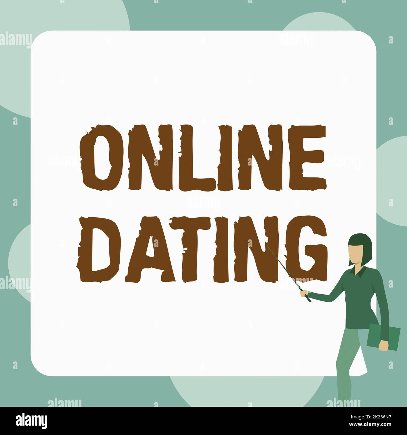 Inspiration showing sign Online Dating. Business concept Searching Matching Relationships eDating Video Chatting Lady Standing Holding Notebook While Pointing Stick In Blank Whiteboard. Stock Photo
