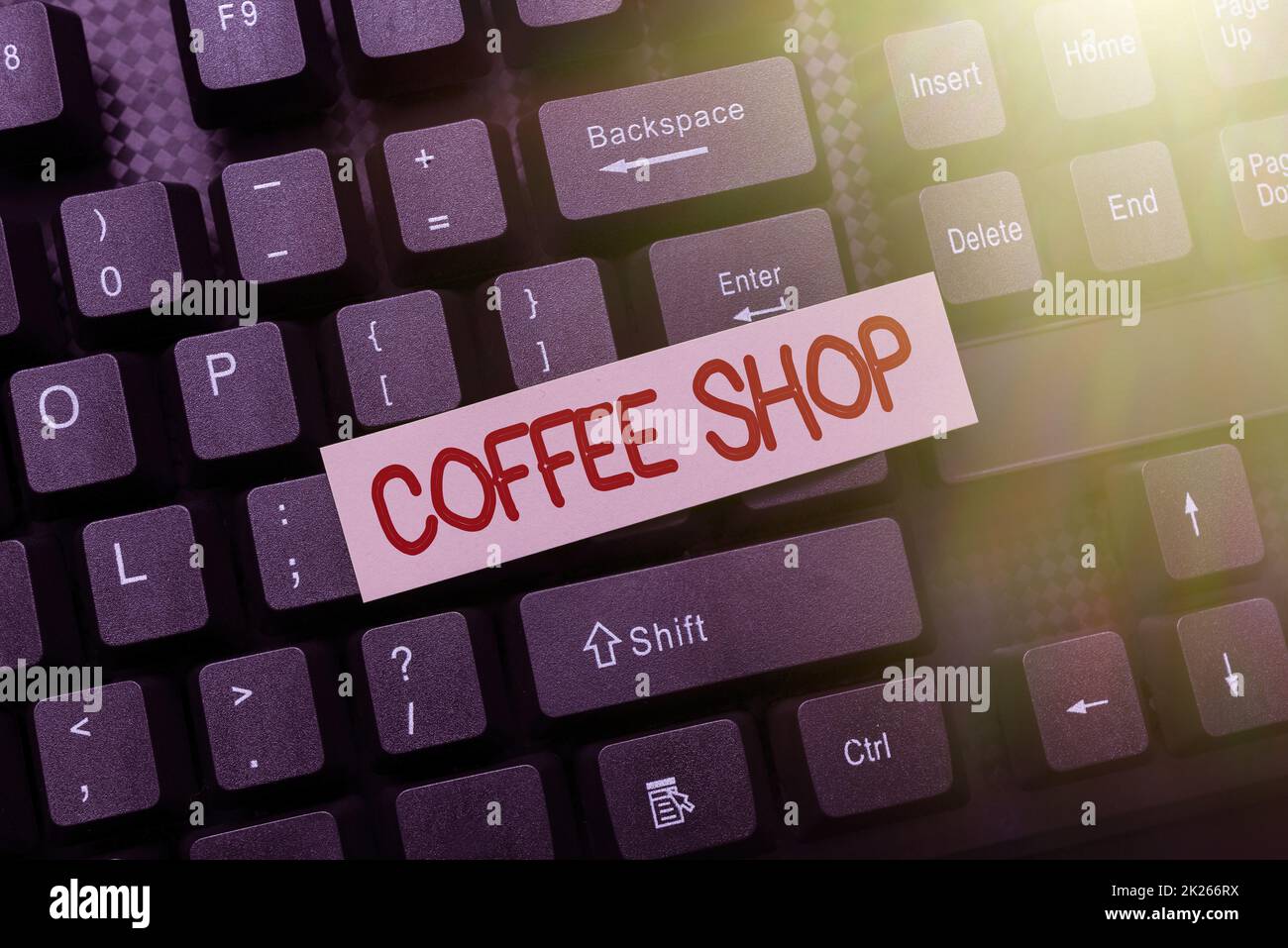 Hand writing sign Coffee Shop. Word Written on a restaurant that primarily serves coffee, and light meals Creating Social Media Comment Message, Typing Fun Questions And Answers Stock Photo