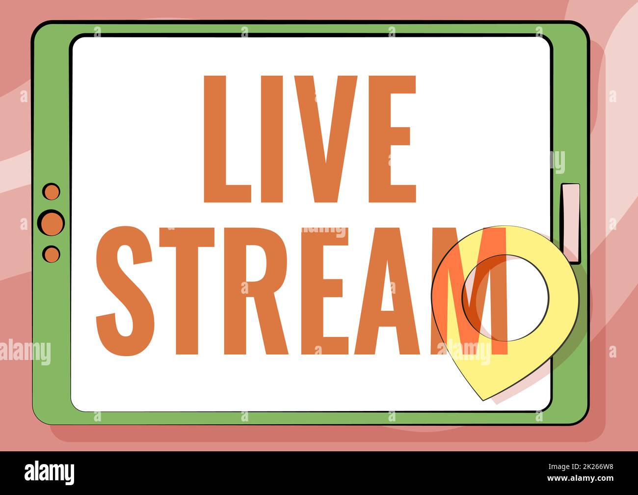 Text sign showing Live Stream. Conceptual photo to broadcast a video or audio material with the use of Internet Computer Tablet Drawing With Clear Touch Screen And Location Pin. Stock Photo