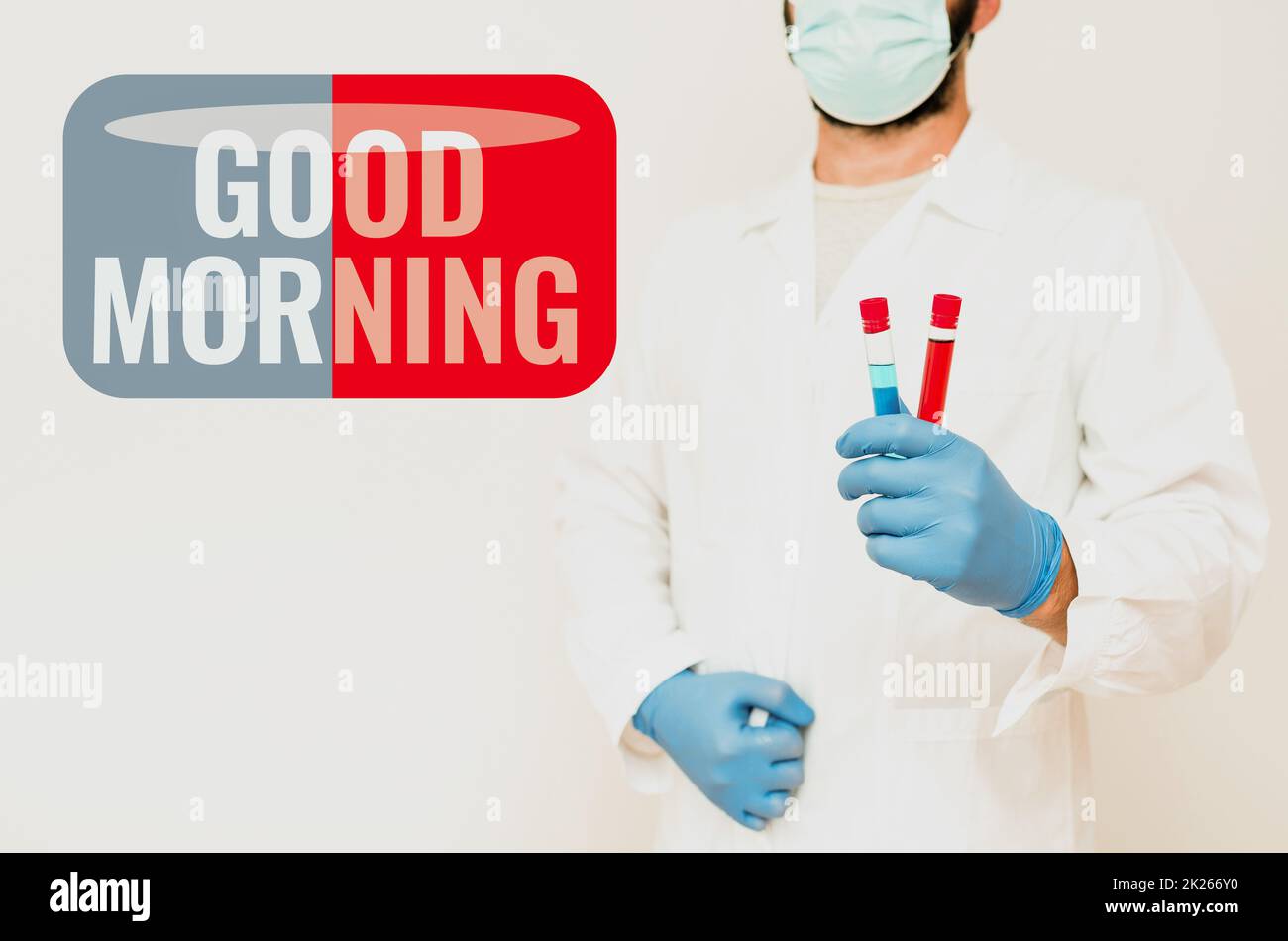 Handwriting text Good Morning. Business overview A conventional expression at meeting or parting in the morning Research Scientist Comparing Different Samples, Doctor Displaying Cure Stock Photo