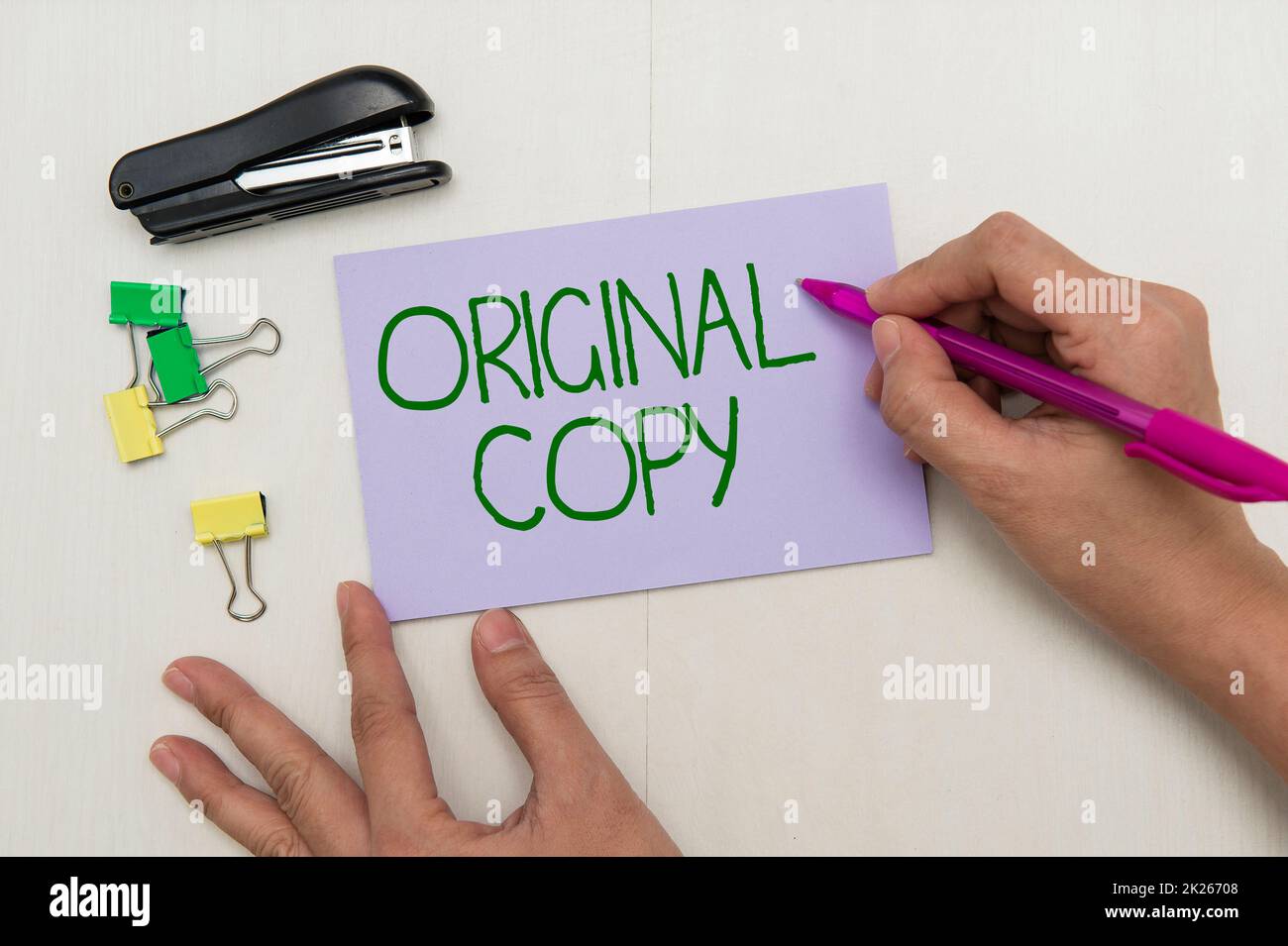 Text sign showing Original Copy. Conceptual photo Main Script Unprinted Branded Patented Master List Flashy School Office Supplies, Teaching Learning Collections, Writing Tools Stock Photo