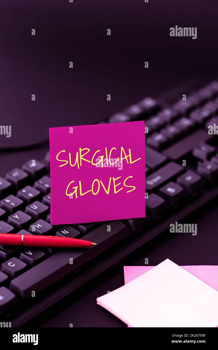 Conceptual display Surgical Gloves. Business overview to protect from the exposure to infectious materials Creating Computer Programming Services, Typing New Worksheet Data Stock Photo