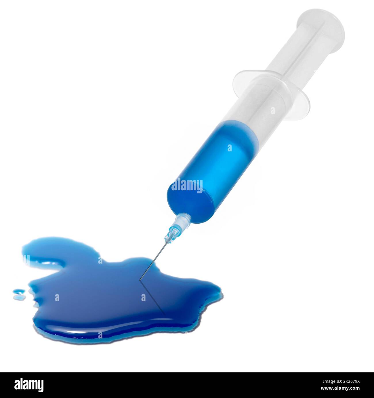 Syringe spreading a blue bead on glass surface in white back Stock Photo